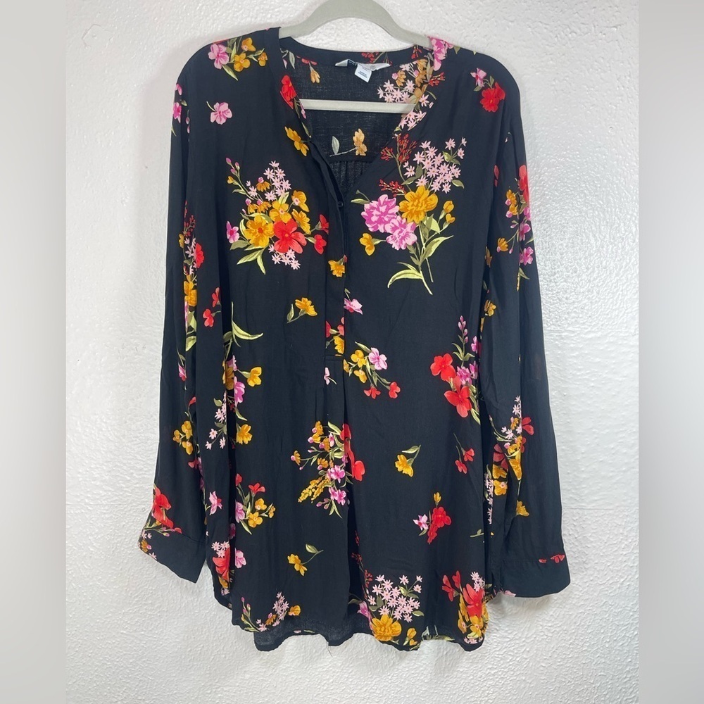 Old Navy Black Floral Pullover Top Women’s XXL Long Sleeves